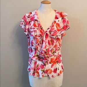 Jones New York Pink and Red Ruffled Cap Sleeve Blouse